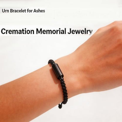 Hearbeingt Cylinder Cremation Bracelet for Ashes Adjustable Rope Urn Bangle - color: A-Black