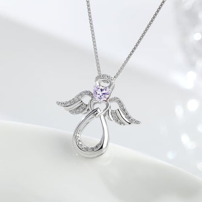 925 Sterling Silver Guardian Angel Pendant Necklace for Women with Birthstone Cubic Zirconia Little Angel Pendant Necklace Jewelry 18 inch Chain - color: 06-June-Alexandrite