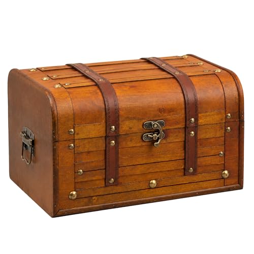 Antique Wooden Treasure Chest with Tray, Large Keepsake Box, 13x9.5x7.5 in - size: Large