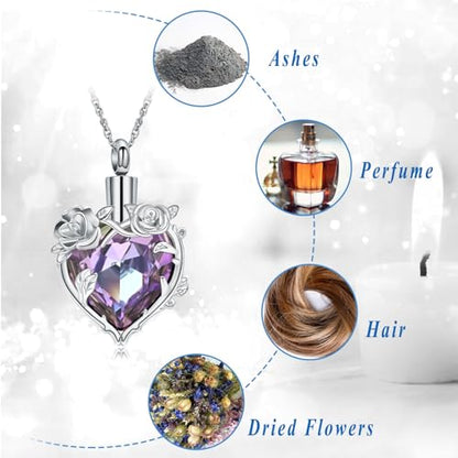 Cremation Jewelry for Ashes Rose Flower Urn Necklace with Crystal Heart Ashes Pendant Butterfly Necklaces for Women Men Memorial Keepsake Jewelry Gift - color: SilverB-purple