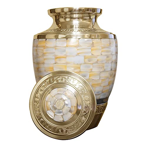 Mother of Pearl Cremation Urn for Human Ashes- Adult Size Elegant Funeral Ashes Container with Velvet Storage Bag