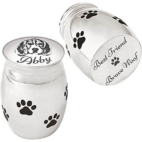 Mini Dog Paw Print Cremation Urn for Pet Ashes Holder, Photo Customized Pet Portrait Engraved on Cap, Small Memorial Keepsake for Animal Lover Puppy Cat (Silver - Pet Portrait) - color: Silver - Pet Portrait