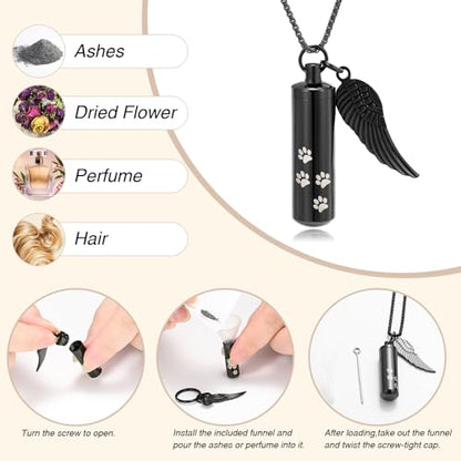 Cylinder Cremation Jewelry Urn Necklace Pet Ashes Pet Paw Memorial Ashes Necklace with Angel Wing for Dog/Cat Keepsake Jewelry for Men Women - color: Customize
