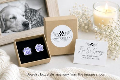 925 Sterling Silver Paw Print Stud Earrings with Jewelry Box and Sympathy Card, Pet Memorial Gift for Dog or Cat Loss Remembrance - color: Light Purple