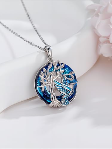 TOUPOP Butterfly Necklace for Women 925 Sterling Silver Tree of Life Butterflies Dragonfly Hummingbird Pendant Necklaces Crystal Jewelry Anniversary Christmas Birthday Gift for Her - color: Hummingbird Blue