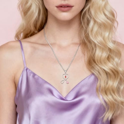 Angel Wings Necklace 925 Sterling Silver Guardian Angel Nurse RN Caduceus Pendant Charm Crystal Angel Jewelry Gifts for Women - style: H-Stethoscope-10-Oct.-Tourmaline Pink