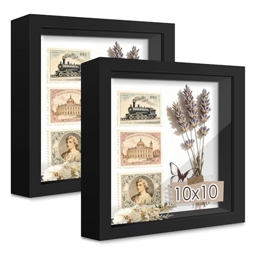 10x10 Black Wooden Shadow Box Frame, Tempered Glass, 2 Pack | Black Backboard, Tabletop & Vertical/Horizontal Wall Display, Memorabilia Display, Wedding/Baby Keepsakes & Crafts - color: Black, size: 10x10-2P