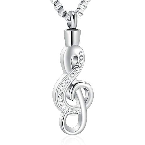 XSMZB Cremation Jewelry Crystal Music Note Urn Necklace for Ashes Stainless Steel Necklace Urn Cremation Memorial Ashes Holder Keepsake Pendant Locket - color: Silver