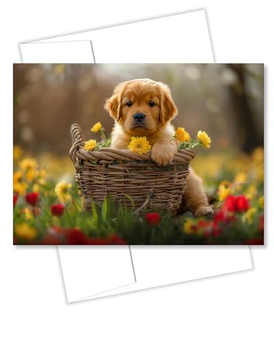 Golden Retriever Puppy All Occasions Greeting Card - Dog with Flowers from Unique Dogs Party Delights Collection - Large 5x7 Inch - Blank Inside with White Envelope - color: Golden Retriever Puppy with Yellow Flowers