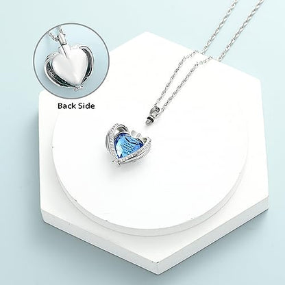 shajwo Angel Wing Heart Urn Ashes Necklace for Women Men | Cremation Jewelry,Birthstone Necklace of Loved One,Memorial Pendant for Human Pet - color: Silver-Blue