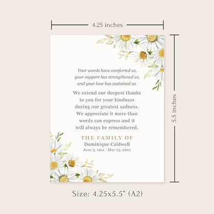 Daisies Funeral Thank You Cards | Sympathy Acknowledgement, Bereavement Notes, With Envelopes, 4.25x5.5" Flat Notecards