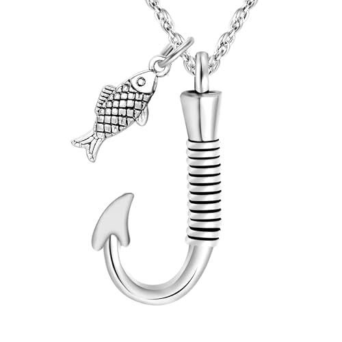 Gredstar Fish Hook Urn Necklace for Ashes, Fishing Memorial Keepsake | Fish Hook Design, Stainless Steel, Secure Screw Closure, Ash Holder, Fishing Theme, Funnel & Gift Box Included - color: Silver