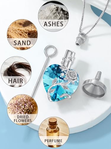 OCJ Heart Rose Flower Urn Necklace for Ashes Women Birthstone Cremation Necklaces Sterling Silver Memorial Cremation Jewelry Gifts - color: 12-Dec-Blue Topaz