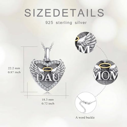 Family Members Urn Necklace for Ashes 925 Sterling Silver Angel Wings Heart Cremation Memorial Keepsake Pendant Jewelry for Loved One's Ashes, with 18" + 2" Stainless Steel Chain - style: Heart-Daughter