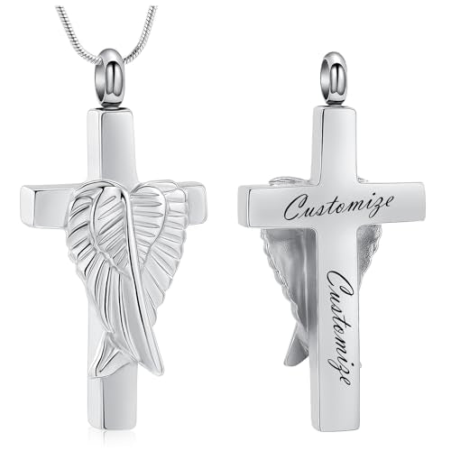 Cross Cremation Jewelry Urn Necklaces Cross Angel Wings Urn Necklaces for Ashes Memorial Keepsake Pendant for Women Men Gifts With Funnel Kit & Bag - color: Customize