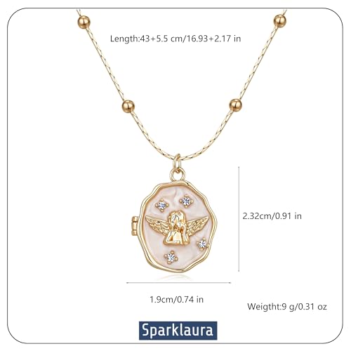 Gold Locket Necklace for Women Vintage, Oval Angel Shell Locket Pendant that Holds Picture Photo Memorial Necklace Personalized Protection Jewelry Birthday Gifts