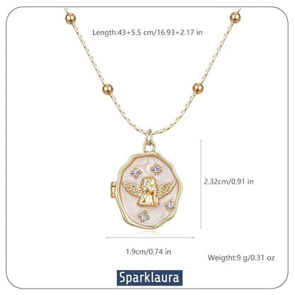 Gold Locket Necklace for Women Vintage, Oval Angel Shell Locket Pendant that Holds Picture Photo Memorial Necklace Personalized Protection Jewelry Birthday Gifts