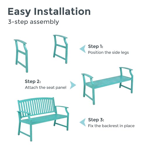 Grand patio 52" Farmhouse Outdoor Bench with Armrest, Turquoise Blue | Anti-rust Aluminum Frame, Faux Wood Grain Finish, for Front Porch, Yard, Park, Garden - color: Turquoise Blue