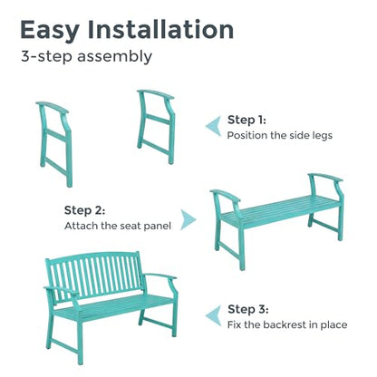 Grand patio 52" Farmhouse Outdoor Bench with Armrest, Turquoise Blue | Anti-rust Aluminum Frame, Faux Wood Grain Finish, for Front Porch, Yard, Park, Garden - color: Turquoise Blue