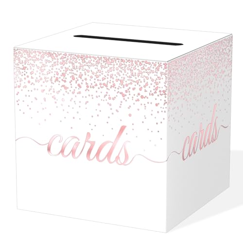 WNINK White Card Box with Rose Foil Design, Cards Receiving Box For Birthday, Wedding, Bridal or Baby Shower, Graduation, Anniversaries,Engagement Party Decorations Supplies - color: White Rose Gold
