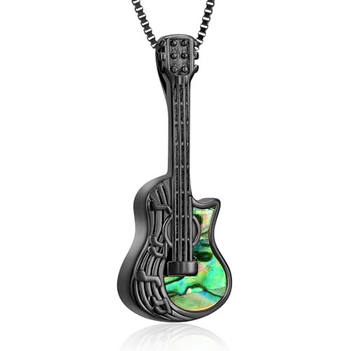 XSMZB Guitar Urn Necklace for Ashes for Women Men Abalone Shell Cremation Jewelry Human Pet Ashes Keepsake Pendant for Guitar Players - color: Black