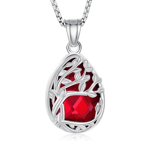 Cremation Jewelry Tree of Life Teardrop Urn Necklace for Ashes for Women Men Vial Pendant Ashes Keepsake Memorial Jewelry for Loved One - color: Silver-Red