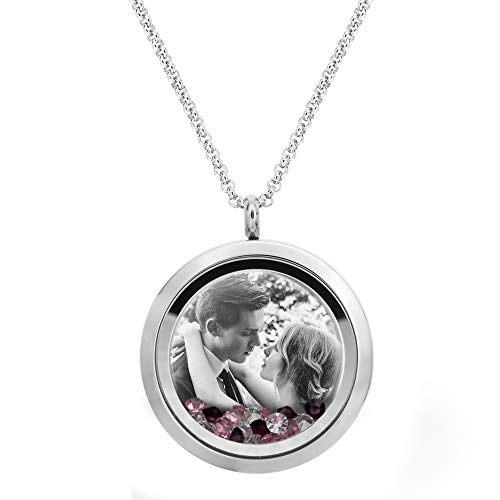 Laser Engraved Personalized Photo & Text Message Floating Locket Crystals Necklace Pendant Handmade Love Note Anniversary Wedding Birthday Gift - style: Pink - Photo + Message Engraving