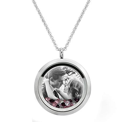 Laser Engraved Personalized Photo & Text Message Floating Locket Crystals Necklace Pendant Handmade Love Note Anniversary Wedding Birthday Gift - style: Pink - Photo Engraving