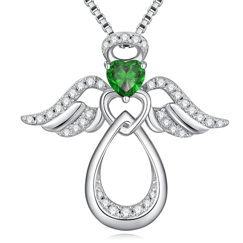 925 Sterling Silver Guardian Angel Pendant Necklace for Women with Birthstone Cubic Zirconia Little Angel Pendant Necklace Jewelry 18 inch Chain - color: 05-May-Emerald