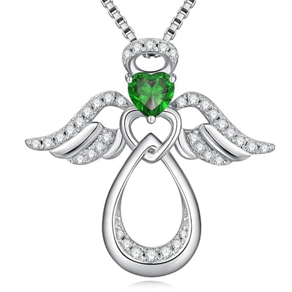 925 Sterling Silver Guardian Angel Pendant Necklace for Women with Birthstone Cubic Zirconia Little Angel Pendant Necklace Jewelry 18 inch Chain - color: 05-May-Emerald