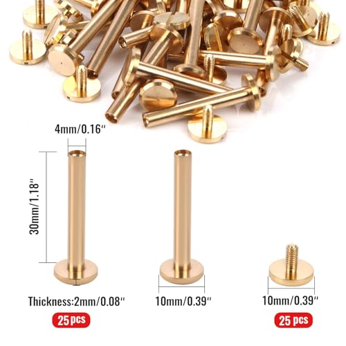 Chicago Binding Screws - 4mm x 30mm Binding Posts - 10mm Phillips Nut - Chicago Screw Binding Post Screw Kit for DIY Leather Decoration Scrapbook Photo Albums (Brass, 25 PCS) - size: 4mm x 30mm