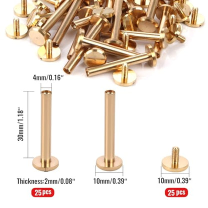 Chicago Binding Screws - 4mm x 30mm Binding Posts - 10mm Phillips Nut - Chicago Screw Binding Post Screw Kit for DIY Leather Decoration Scrapbook Photo Albums (Brass, 25 PCS) - size: 4mm x 30mm