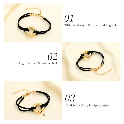 Oinsi Circle Of Life Cremation Jewelry Black Genuine Leather Memorial Urn Bracelet For Ashes Of Loved One Keepsake Holder For Women Men - color: Gold