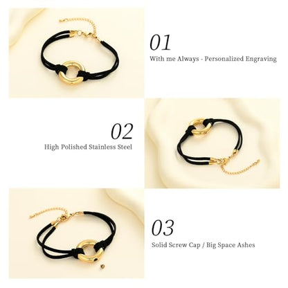 Oinsi Circle Of Life Cremation Jewelry Black Genuine Leather Memorial Urn Bracelet For Ashes Of Loved One Keepsake Holder For Women Men - color: Gold