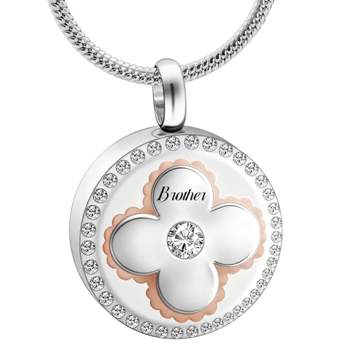 Cremation Urn Necklaces for Ashes, Round Stainless Steel Memorial Jewelry Keepsake Pendant for Women Men, Decorative Four-Leaf Clover Touch - style: Brother