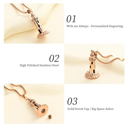 Oinsi Urn Necklace for Ashes Men's Cremation Jewelry Lighthouse Memorial Urn Necklace For Loves One Ashes Holder with Filling Kits - color: Rose Gold