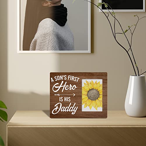 Zauly Daddy and Son Wooden Picture Frame Gift for Father New Baby Dad | A Son's First Hero Wood Photo Frame Gifts for Father's Day Birthday Christmas, Tabletop and Wall Mounting, 4X6 Inch Photo - color: Hero