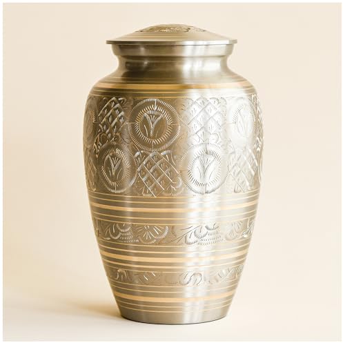 AspenStudio Platinum Brass Cremation Urn for Adult Human Ashes - Large Handcrafted Funeral Memorial Urns Brass Urn Capacity 225 lbs