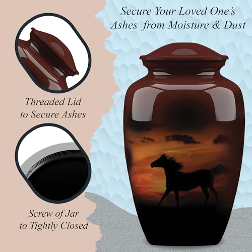 Forever URNS Adult Cremation Funeral Urn with Printed Black Horse in Evening Sunlight Theme for Human Ashes of Female & Male | 200 cu in | Large | Completely Handcrafted with Velvet Protection Bag