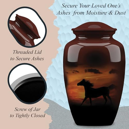 Forever URNS Adult Cremation Funeral Urn with Printed Black Horse in Evening Sunlight Theme for Human Ashes of Female & Male | 200 cu in | Large | Completely Handcrafted with Velvet Protection Bag