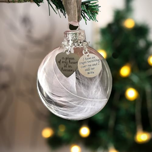 Memorial Ornaments Christmas Clear Feather Ball – A Piece of My Heart is in Heaven, Sympathy Gift for Loss of Loved One (Wife) - color: Wife