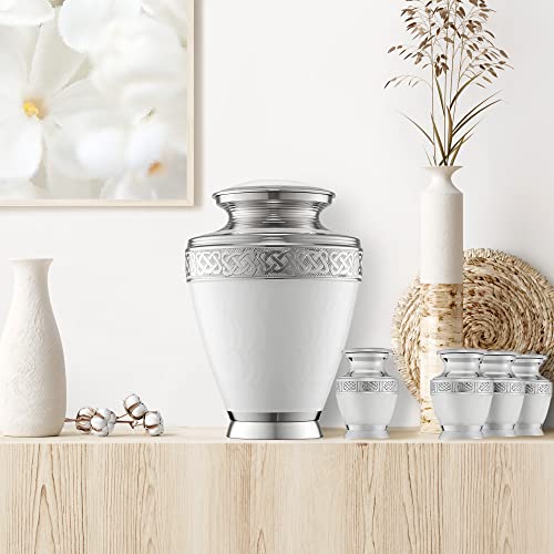 Reminded Set of 5 Etched Celtic Cremation Urns for Human Ashes - 1 Brass Adult + 4 Keepsake, White - color: White
