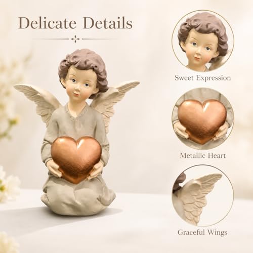 Guardian Angel Figurine Holding Gold Heart | Painted Resin Keepsake For Mom, Daughter, Sister, Friend, Shelves, Desks, Nightstands And Comfort Gifts - size: 5.12"H