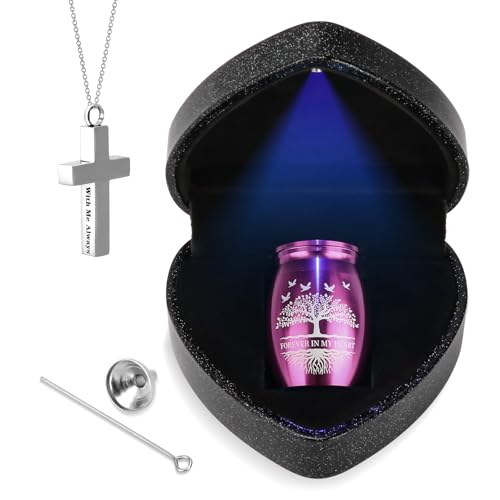 Small Urns for Human Ashes Keepsake with Heart Box, Urn Necklace and Funnel, Beautiful Memorial Gifts Mini Cremation Urns That Holds Ashes of Loved One, Tiny Sharing Urns, Purple
