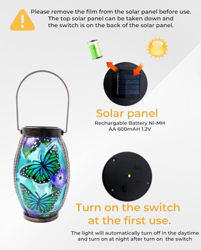 Hanging Solar Lantern Waterproof Garden Light Butterfly | Glass & Metal, Tabletop Light with Hollowed-Out Design for Garden Patio Table Decor, Gifts for Friends and Family - style: Butterfly-Glass
