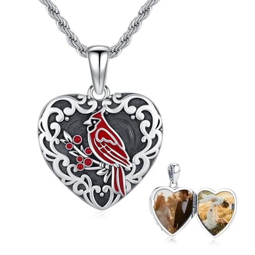 CUOKA MIRACLE Sterling Silver Animals Locket Necklace for Women Keepsake | That Holds Picture Personalized Customize Photo Locket Gift for Mom Grandma - style: 03-heart cardinal