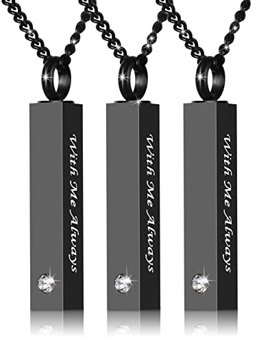 3 Pack Urn Necklace for Ashes Memorial Cremation Jewelry for Ashes, CZ Bar Urn Locket for Ashes Stainless Steel Urns Pendant Keepsake Jewelry with Words: With Me Always & Funnel Kit & Bag - color: Black