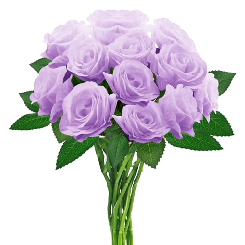 hailanbao 12PCS Purple Artificial Roses with Long Stems, Silk Faux Flowers | realistic purple silk roses with flexible stems for DIY bouquets, centerpieces, weddings and home décor. - color: Purple
