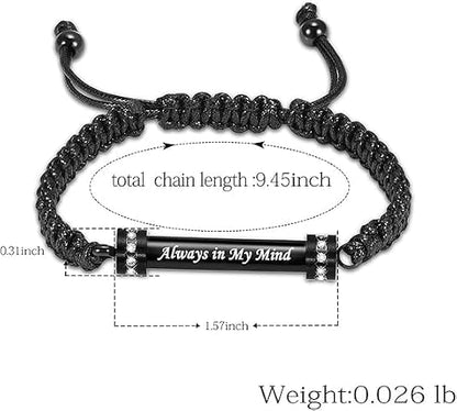 Hearbeingt Cylinder Cremation Bracelet for Ashes Adjustable Rope Urn Bangle - color: C-Black Always in my Mind