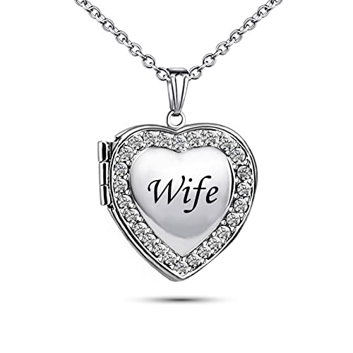KunBead Women's Love Heart Photo Locket Necklace with Picture inside Jewelry Pendant Necklace for Auntie Friend Dad Daughter Granddaughter Nana Sister Wife Mom Grandma - style: Wife